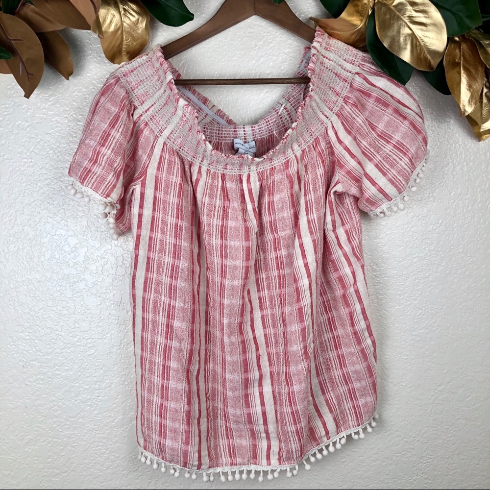 ANTIBES BLANC Off Shoulder Red/Pink Plaid Pom Pom
